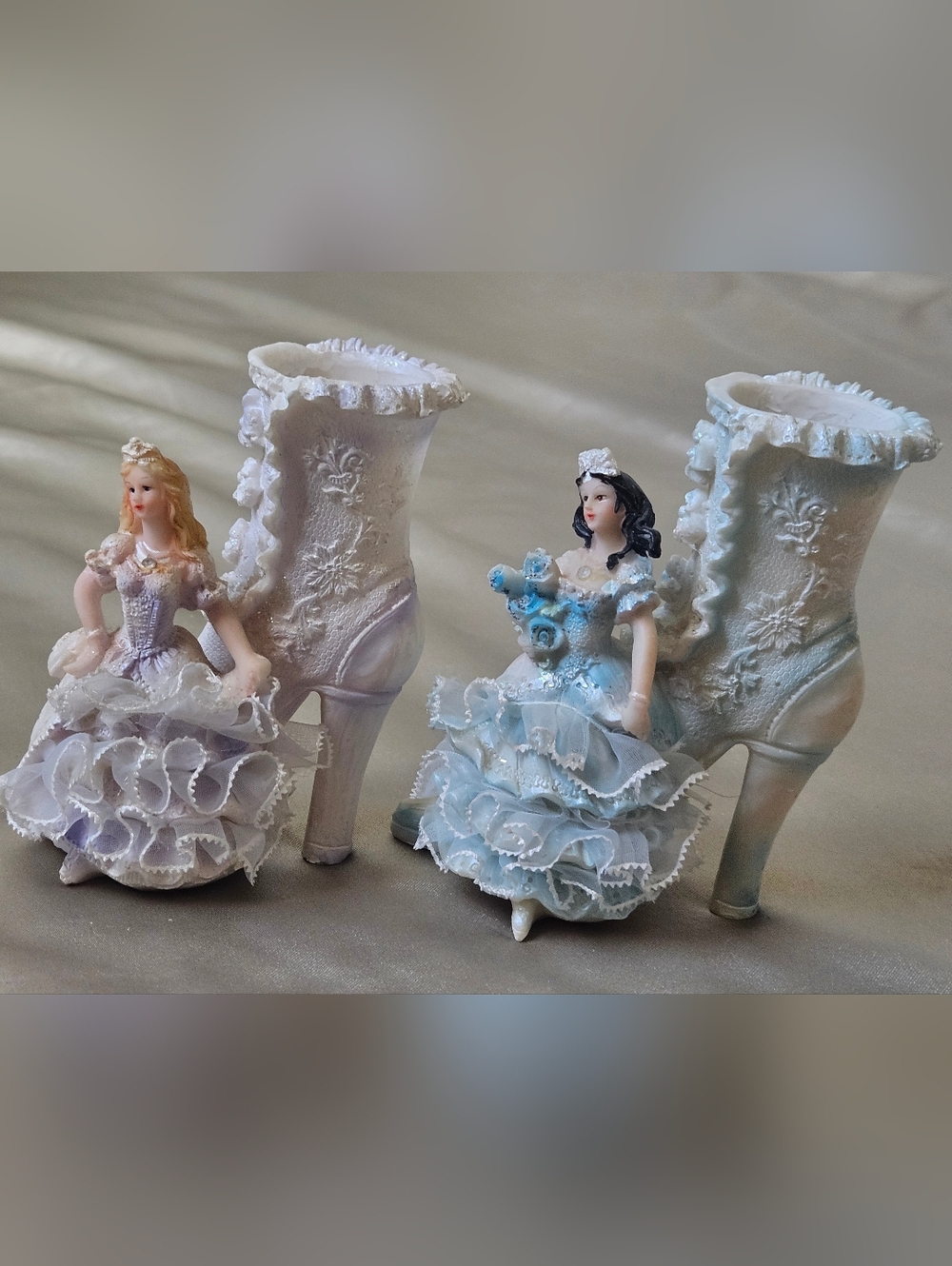 Vintage Women with Lace skirt seated on a shoe Figurine set of 2